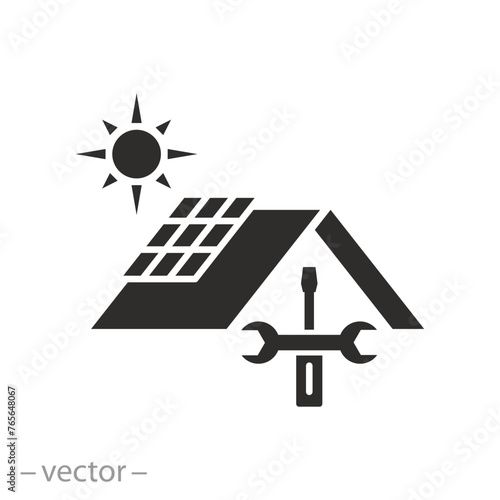 equipment service alternative energy icon, installing solar panel, flat symbol on white background - vector illustration eps10