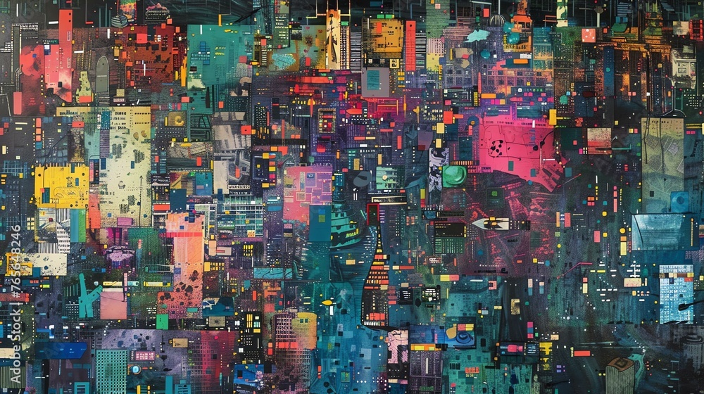 A beautiful cityscape painting with a vibrant color palette. The painting has a modern feel and would be perfect for a contemporary home or office.