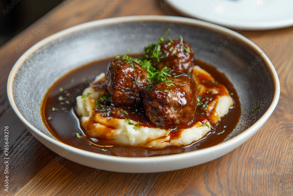 tasty meatballs with mashed potatoes and gravy on a plate tasty meatballs with mashed potatoes and gravy on a plate