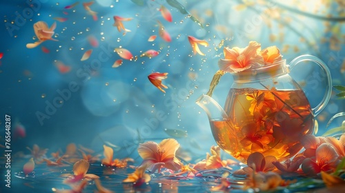 Kettle Pouring Tea into Glass Cup with Flowers on Blue Background 
