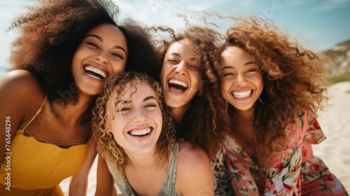Four women with curly hair are smiling and posing for a picture on a beach photo