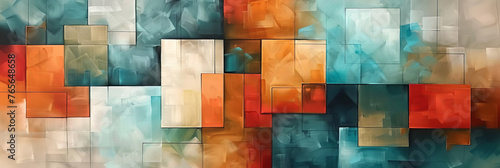 Modern colorful abstract painting, with large blocks of color in shades of orange and teal, geometric shapes on a light beige background,oil brushstroke, pallet knife paint,banner, digital art wall