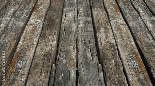 The image is a close-up of a wooden dock. The wood is old and weathered, with a variety of knots and grains. photo