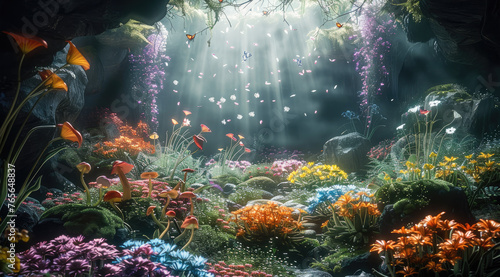 A hidden magical celestial garden in a cave, luminous mushrooms, various flowers. Generative AI. © visoot