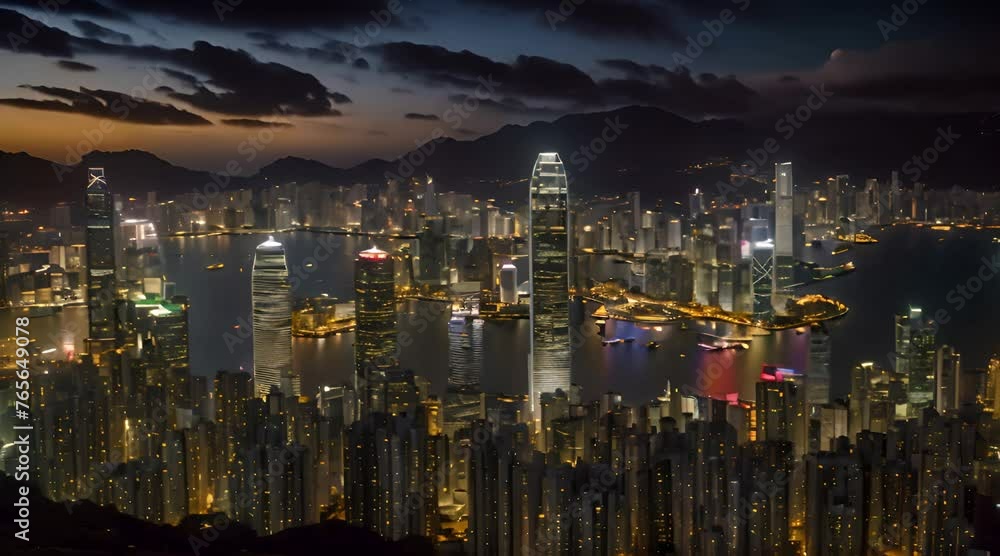 A City Skyline at Night with Glowing Buildings A City Skyline at Night with Glowing Buildings