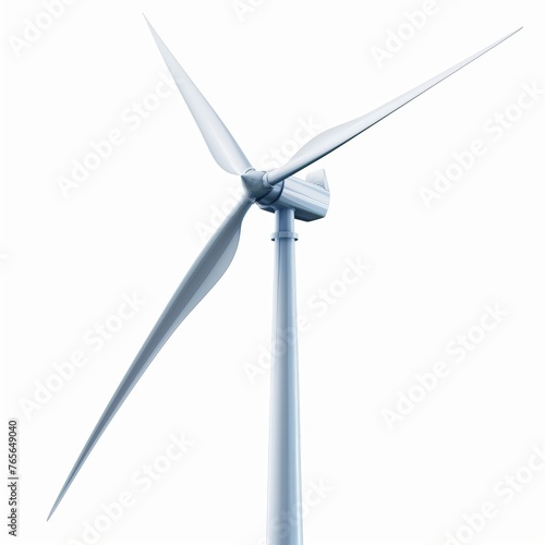Close-up of a single wind turbine against a white background, symbolizing clean energy.