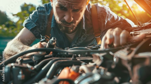 a close-up of a car mechanic with a scared face, holding a car engine in his hands photo
