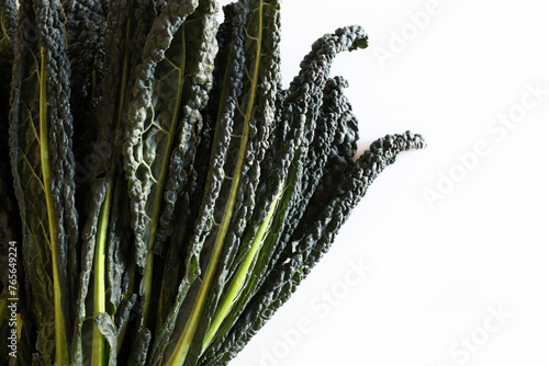 Foglie fresche di cavolo nero su sfondo bianco. Cavolo nero. Cibo italiano. Cibo sano e vegetariano. Vista dall'alto. photo