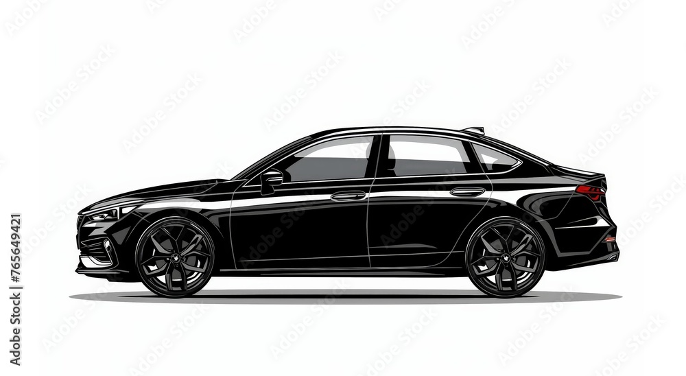 A side view of a modern black sedan with a sporty design isolated on a white background.