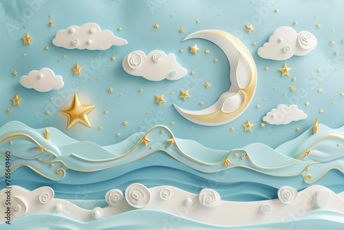 Good night and sweet dreams banner. Fluffy clouds on dark sky background with gold moon and stars. photo