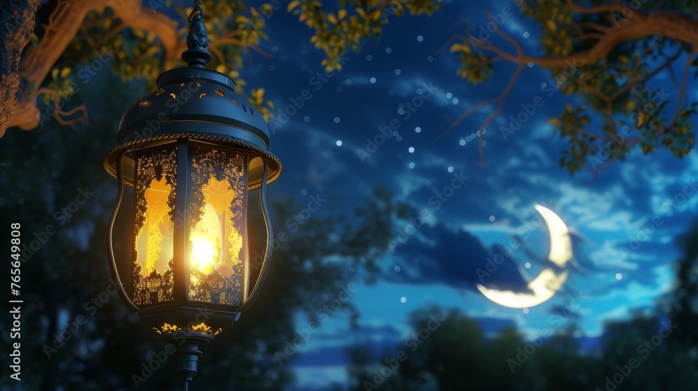 The Arab lantern of Ramadan Karim with a crescent moon in the night sky. The Arab lantern of Ramadan Karim with a crescent moon in the night sky.