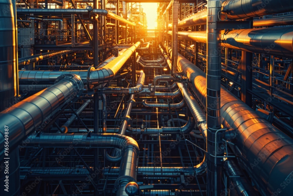 Twilight Illumination Over Industrial Oil and Gas Pipelines at a Processing Facility