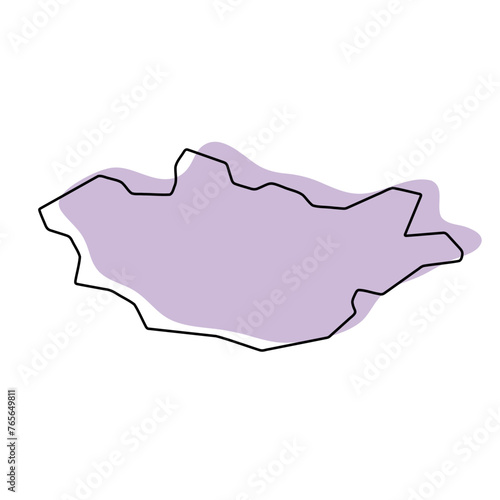 Mongolia country simplified map. Violet silhouette with thin black smooth contour outline isolated on white background. Simple vector icon