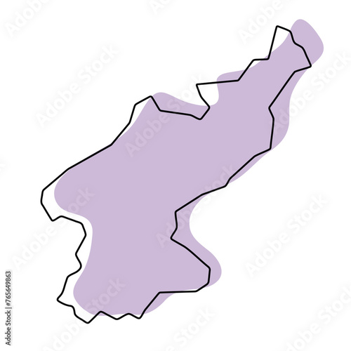 North Korea country simplified map. Violet silhouette with thin black smooth contour outline isolated on white background. Simple vector icon