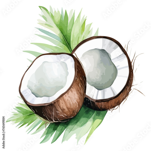 Watercolor Painting vector of a coconut Fruit, isolated on a white background, Graphic art, Drawing clipart, Illustration Painting. 