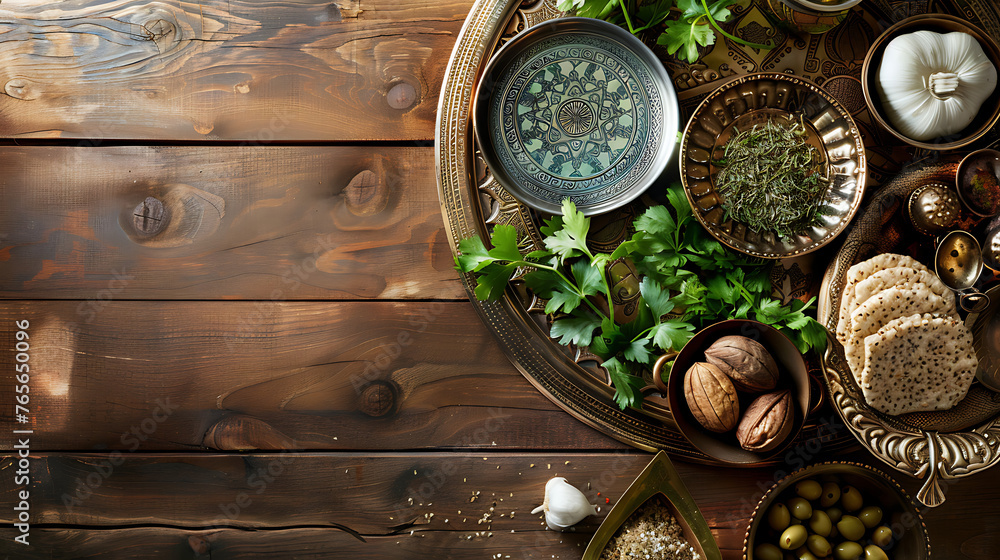 Passover Seder plate, Seder plate with matzo, bitter herbs, charoset, a
