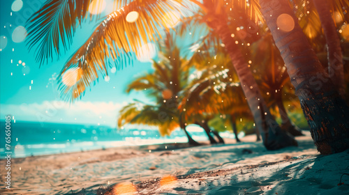 Summer background for text or product presentation. Nature of tropical beach with sun rays and palm leafs. Golden sun beach close up.