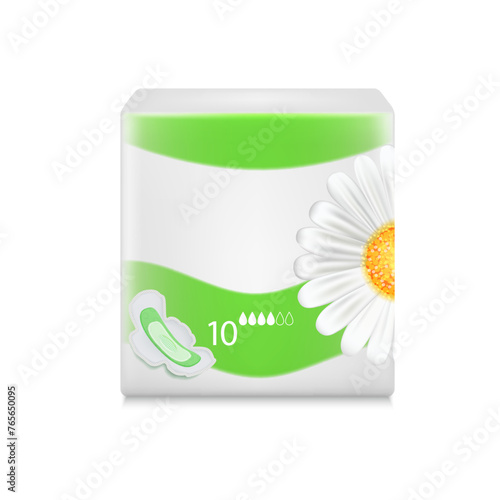 Template  polyethylene packages for sanitary napkins. Сhamomile care.