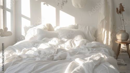 rest, interior, comfort and bedding concept - bed at home bedroom