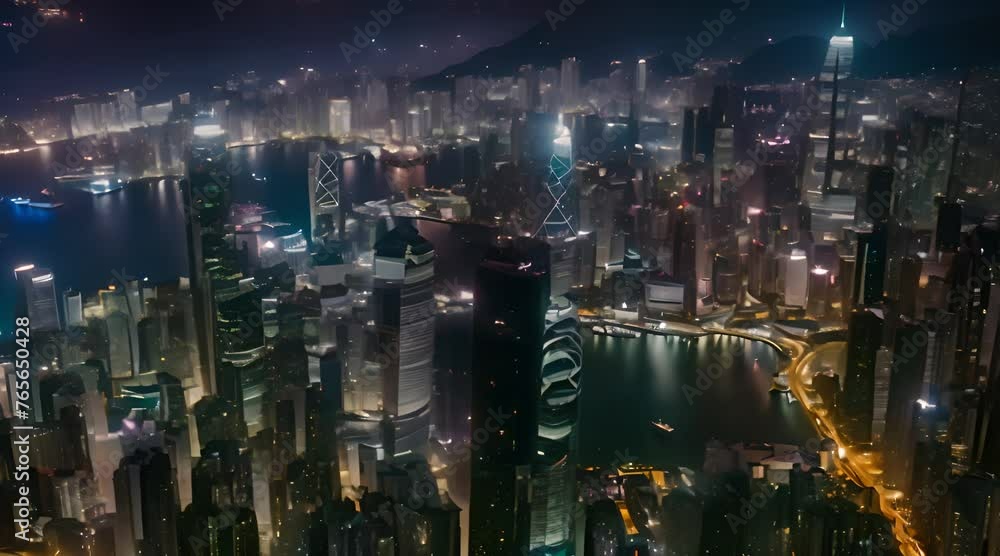 A City Skyline at Night with Glowing Buildings A City Skyline at Night with Glowing Buildings