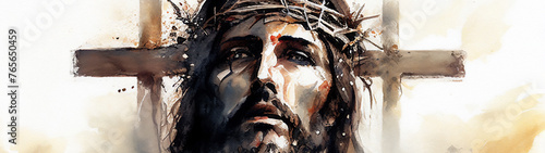 Watercolour painting of the Crucifixion of Jesus Christ on the crucifix cross before ascending to Heaven to be with God celebrated as Easter Good Friday, stock illustration image photo