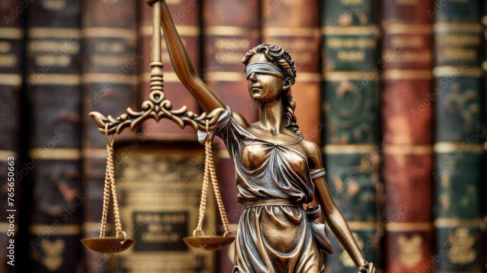 Close-up of a Lady Justice statue with a backdrop of aged law books