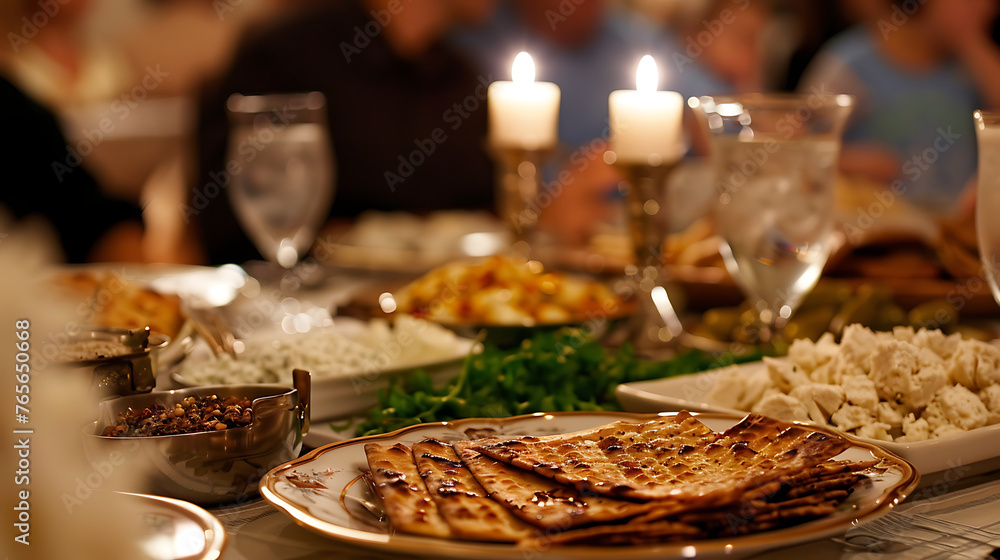 Pesah celebration concept (Jewish Passover holiday) with closeup of passover seder , Passover holiday celebration concept