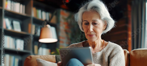 pretty elder  woman using digital tablet computer at home 
