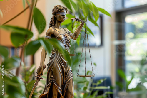 Lady Justice stands among greenery, a blend of nature and law © mikeosphoto