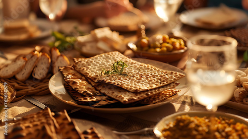 Jewish matzah bread on the table  Passover holiday celebration concept  Closeup