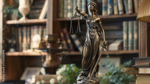 Statue of Themis amongst law books, embodying wisdom and justice photo