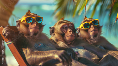 Monkeys wearing sunglasses chill and relax on lounge chairs at a tropical ocean beach, enjoying the sun and sea breeze in style.