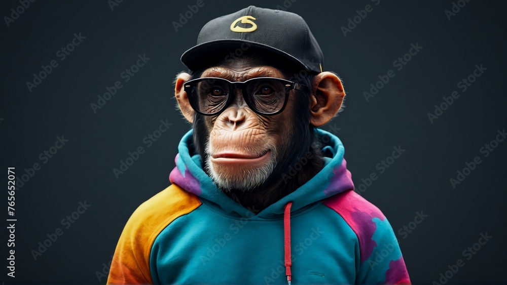 portrait of a chimp , chimpanzee in sunglasses, funny monkey with glasses, monkey wearing a sweatshirt portrait of a chimp , chimpanzee in sunglasses, funny monkey with glasses, monkey wearing a sweatshirt