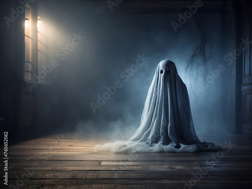 halloween background featuring a spooky and creepy ghost on a dark wooden floor with fog and lights.