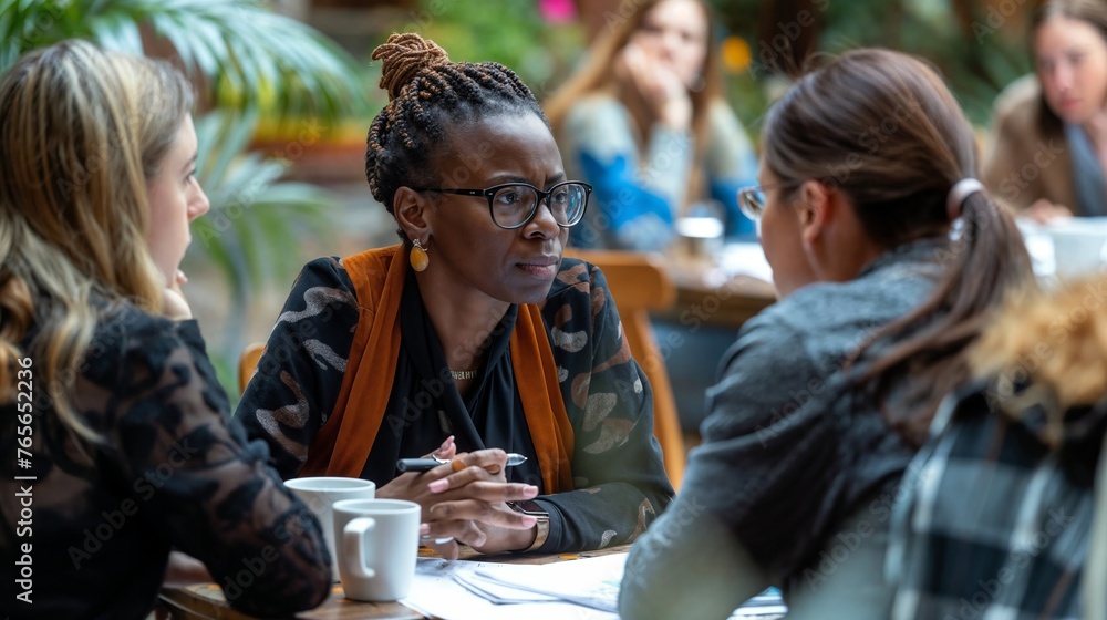 Black woman out with group of people in cafe restaurant, work event, professional with friends, team Black woman out with group of people in cafe restaurant, work event, professional with friends, team