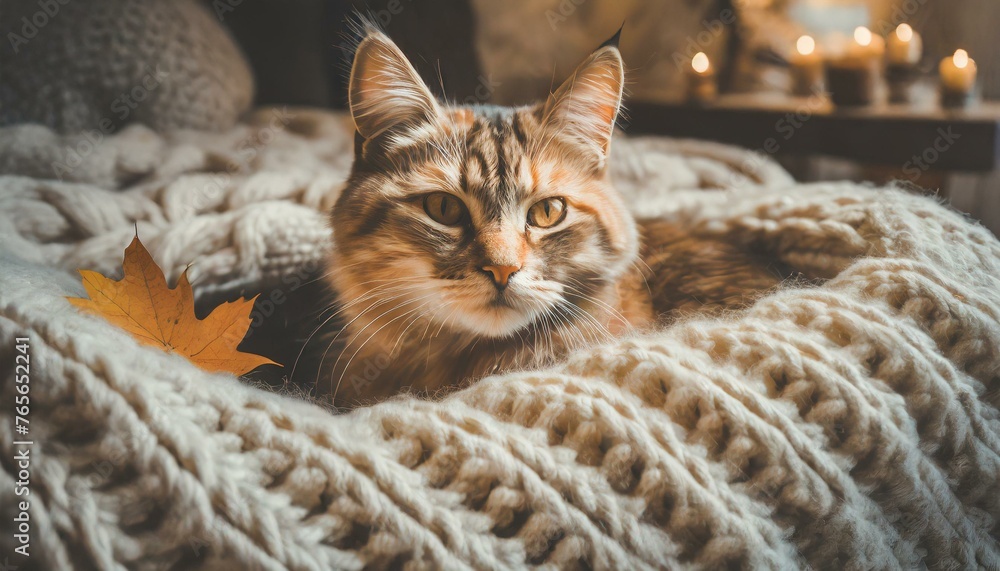 Hygge Haven: Embracing Coziness with a Playful Kitty Nestled in a Warm Bed on a Knitted Woolen Blanket, Infused with Scandinavian Charm