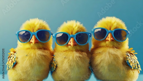 Chic Chicks: Three Yellow Cuties Rocking Blue Shades in a Studio Blue Background—Easter Vibes Galore!"