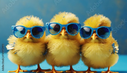 Chic Chicks: Three Yellow Cuties Rocking Blue Shades in a Studio Blue Background—Easter Vibes Galore!"