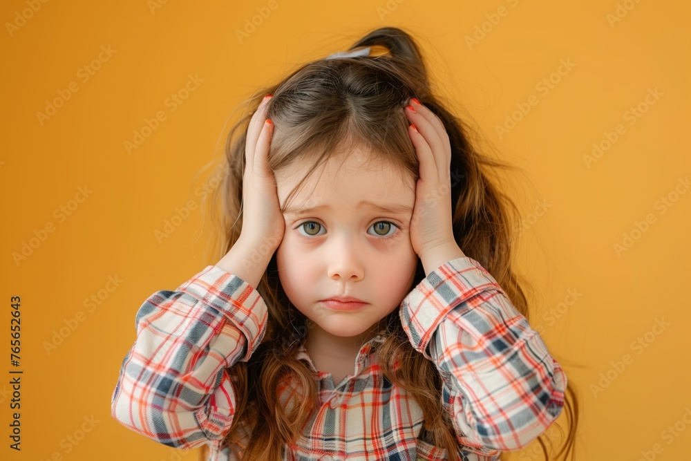 Sad little girl holding her head Sad little girl holding her head