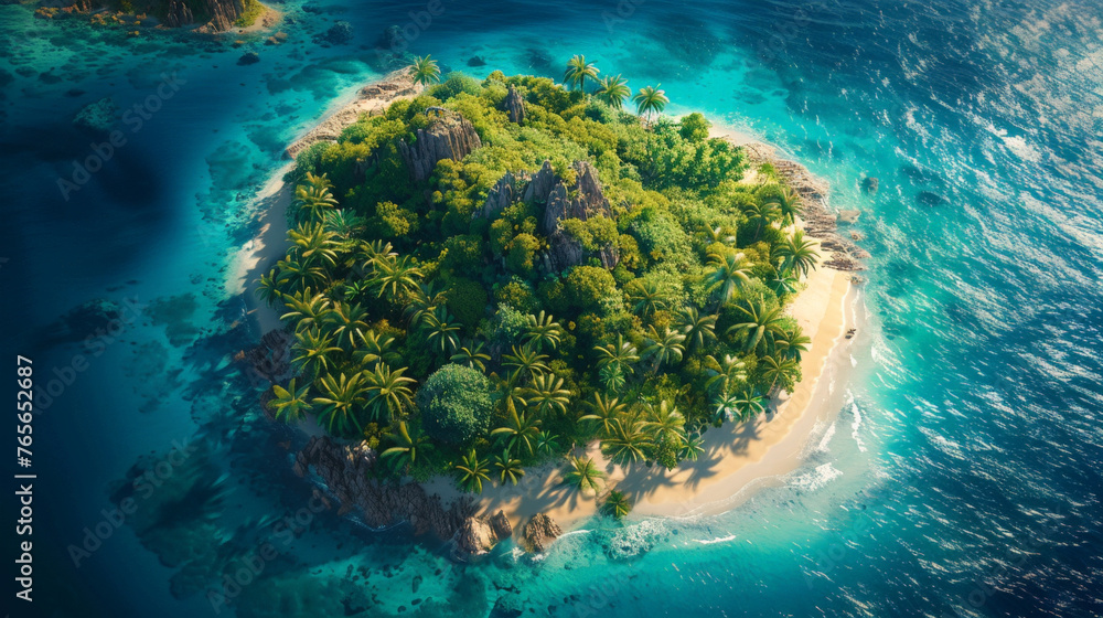 Aerial view of a lush tropical island surrounded by turquoise waters, teeming with coral reefs