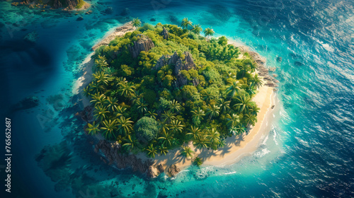 Aerial view of a lush tropical island surrounded by turquoise waters, teeming with coral reefs © Valeriy