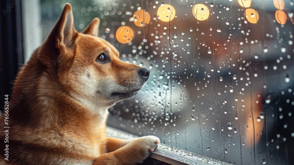 cute dog watching raining outside by the window, raindrops on the window, copy space, close up, ai generated