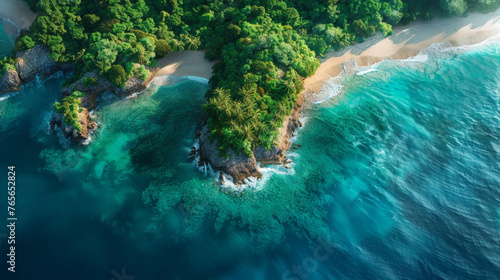 Aerial view of a serene tropical beach surrounded by lush forest and rocky formations, with vibrant colors and natural beauty.