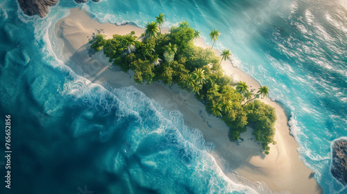 Aerial view of a lush  green island with palm trees  surrounded by turquoise waters and white waves crashing on the shore.