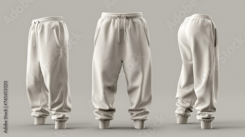 Front back and side view of sweatpants moxkup fashion piece of clothing, grey background,  photo