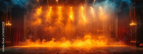 Theater stage light background with spotlight illuminated the stage for opera performance. Empty stage with warm ambiance colors, fog, smoke, backdrop decoration. Entertainment show © Jennifer