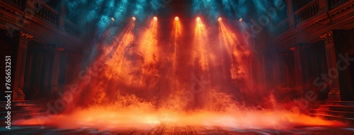 Theater stage light background with spotlight illuminated the stage for opera performance. Empty stage with warm ambiance colors, fog, smoke, backdrop decoration. Entertainment show