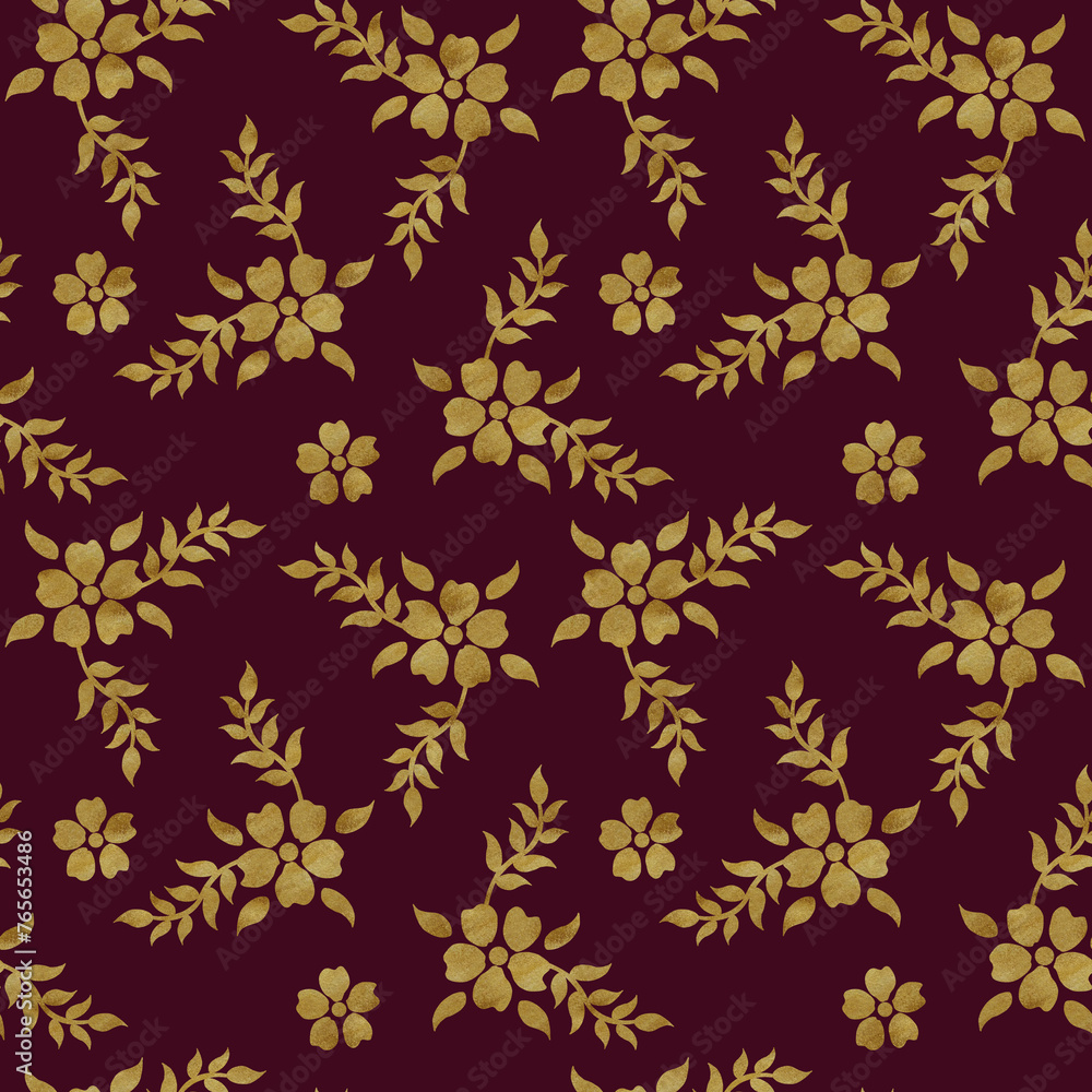 Seamless damask floral pattern with golden texture. Floral pattern. Hand-drawn watercolor illustration. Can be used for textile, printing or other design. Seamless damask floral pattern with golden texture. Floral pattern. Hand-drawn watercolor illustration. Can be used for textile, printing or other design.