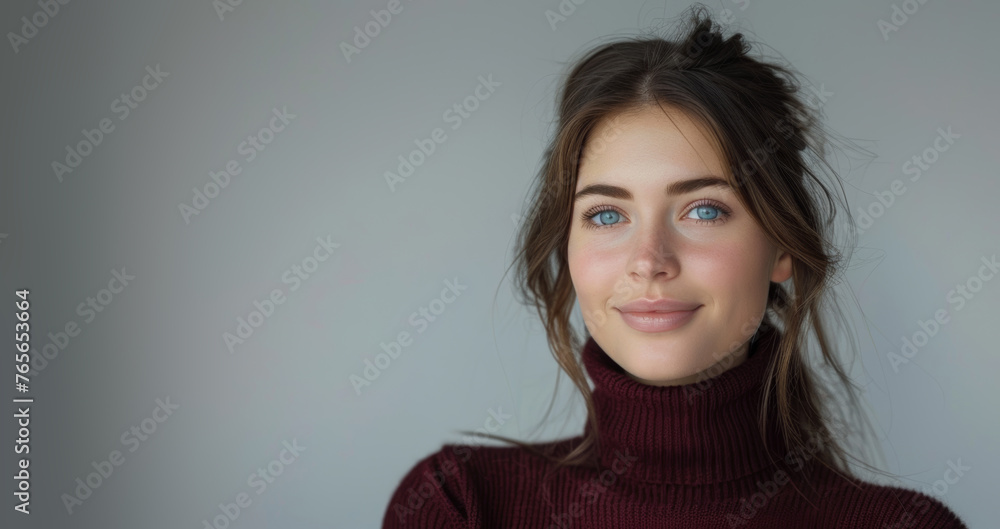 Fototapeta premium Beautiful woman in profile with long and shiny wavy hair. Beauty model girl with curly hairstyle. Generative AI.
