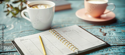 Morning Coffee Break at Office Desk, Notebook and Pen with Wooden Background, Concept of Work and Planning